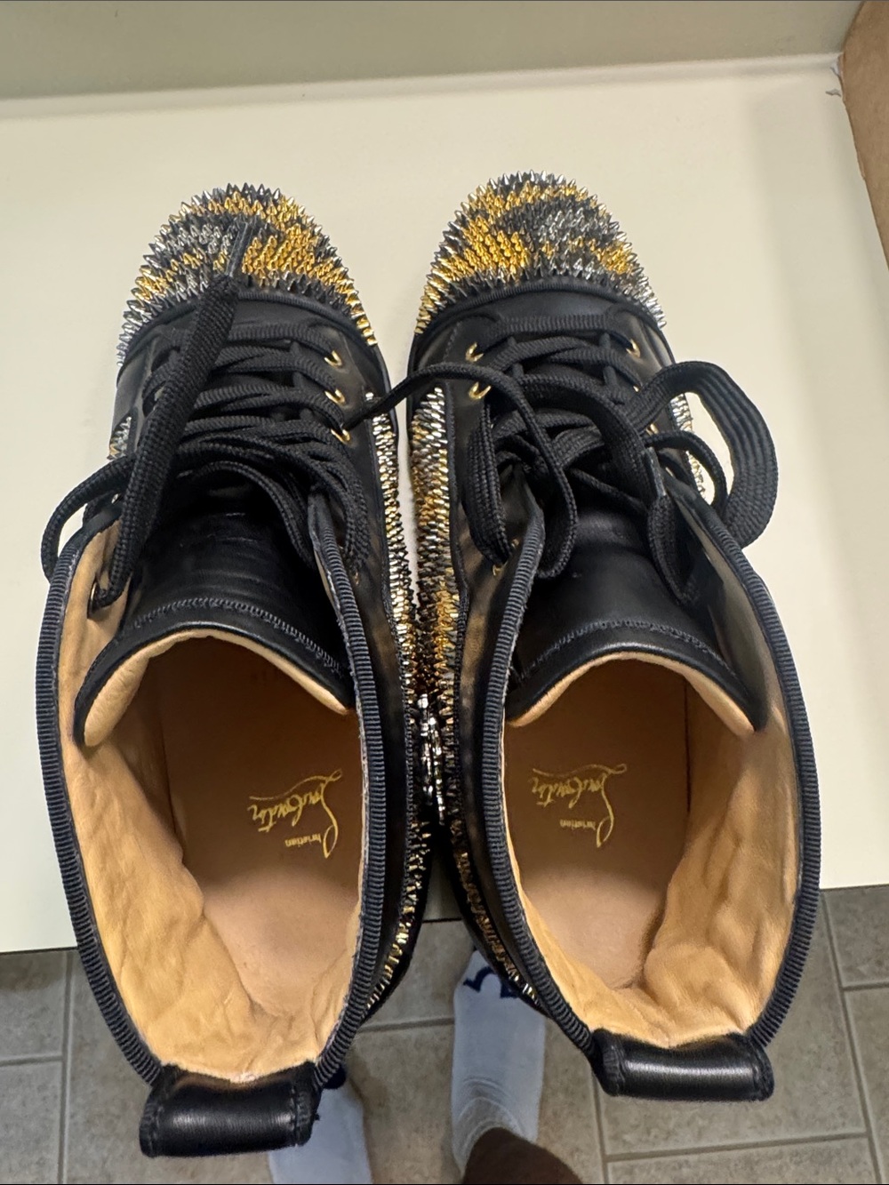 Christian Louboutin Black and Gold Spike-Embellished High-Top Sneakers - Picture 6 of 13